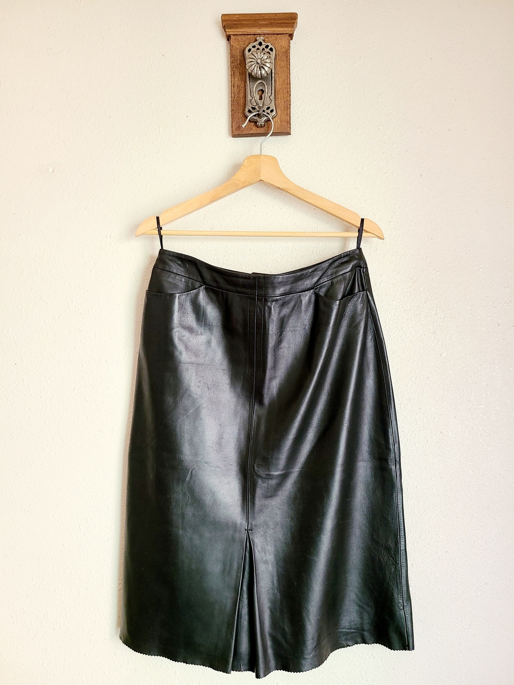 Black Leather Midi Skirt with Front Vent